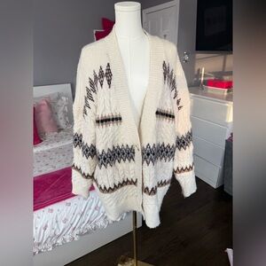 Aqua Cream and Brown Patterned Cardigan